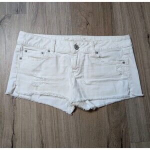 American Eagle Size 10 White Denim Cut Off Shorts Stretch Distressed Festival